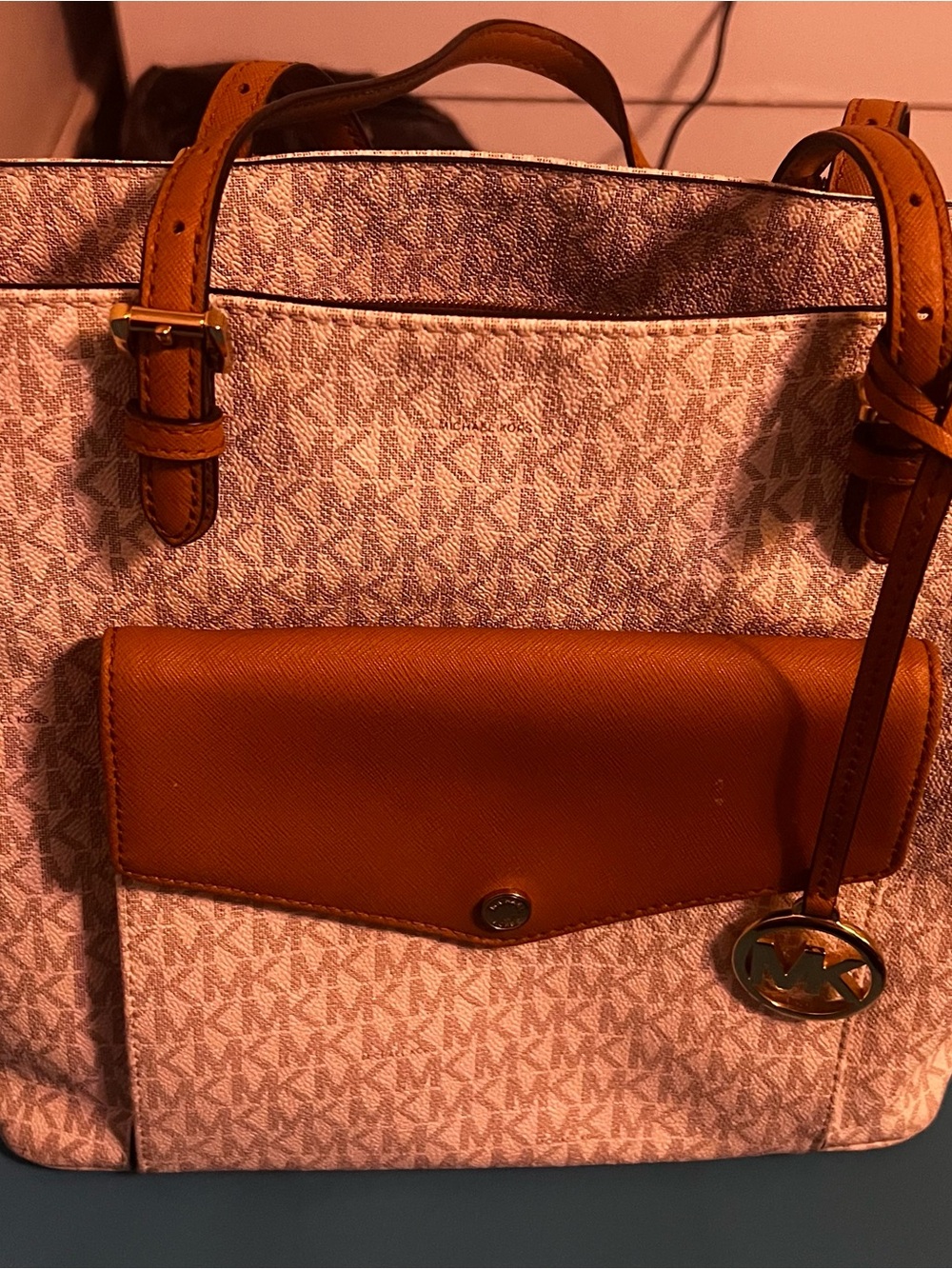 Michael Kors Cream Logo Tote with Brown Trim and Front Pocket